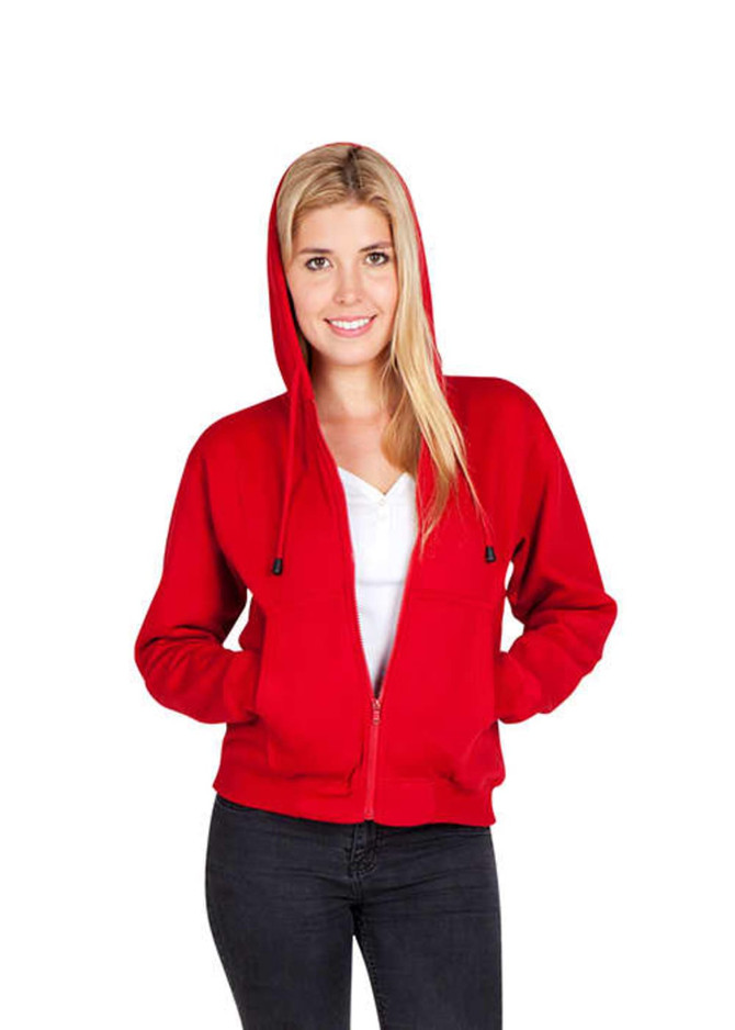 A red women's hoodie with a zipper and pockets, featuring a drawstring hood and worn by a model.