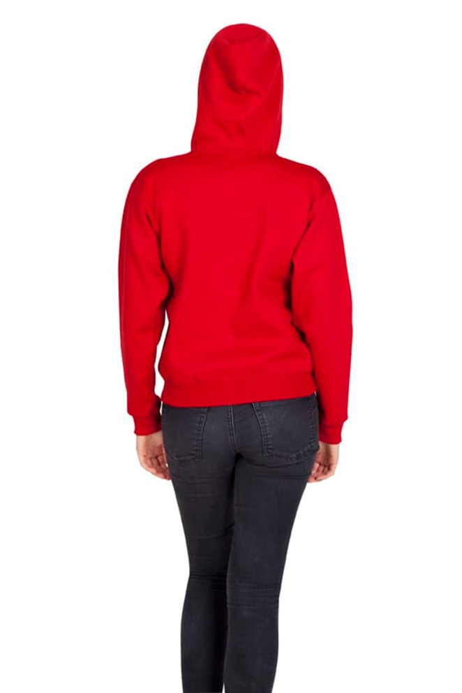 A red women's junior zipper hoodie with a hood, features a pocket, and is worn with black jeans.