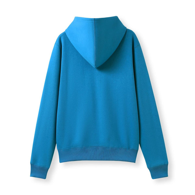 A blue women's juniors zipper hoodie with a pocket and a hood, featuring a simple design and a neat finish.
