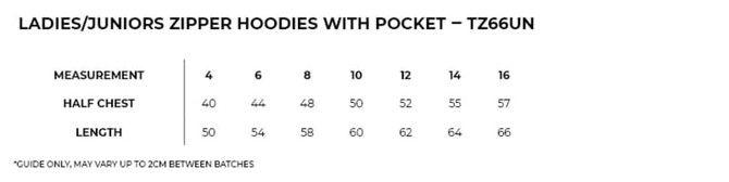A table displaying measurements for women's/juniors' zippered hoodies, including half chest and length sizes.