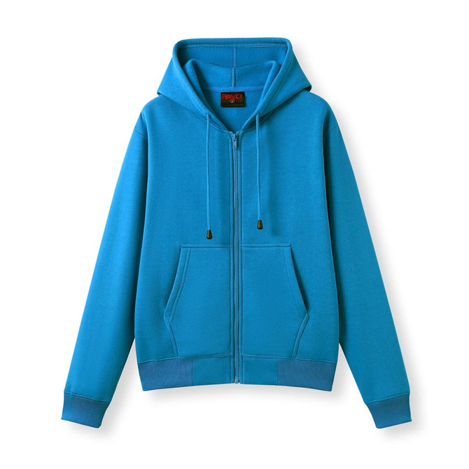 A bright blue zip-up hoodie featuring a hood and front pockets. It has a simple design and a logo.