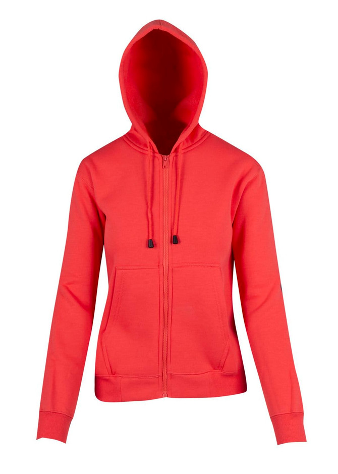 A red women's zipper hoodie with a pocket and a hood, featuring a branding logo.