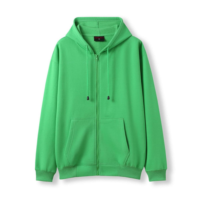 A green zip hoodie with a front pocket and drawstring hood. Features a logo on the chest.