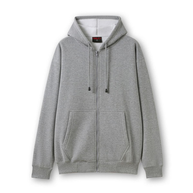A grey zip hoodie with a front pocket and drawstring hood. It features a logo on the chest.