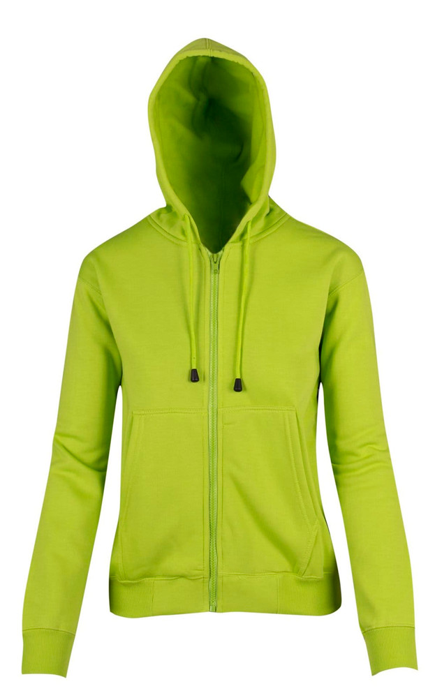 Lime green zipper hoodie with a front pocket and a hood, featuring a branded logo.