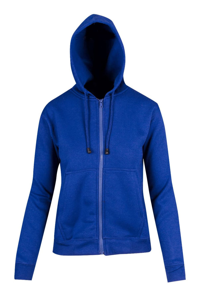 A blue zipper hoodie with a pocket and drawstring hood, featuring a logo on the chest.