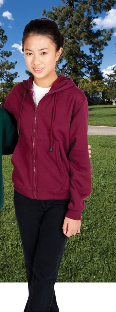 A maroon zippered hoodie with a pocket, worn by a young woman against a sunny outdoor backdrop.