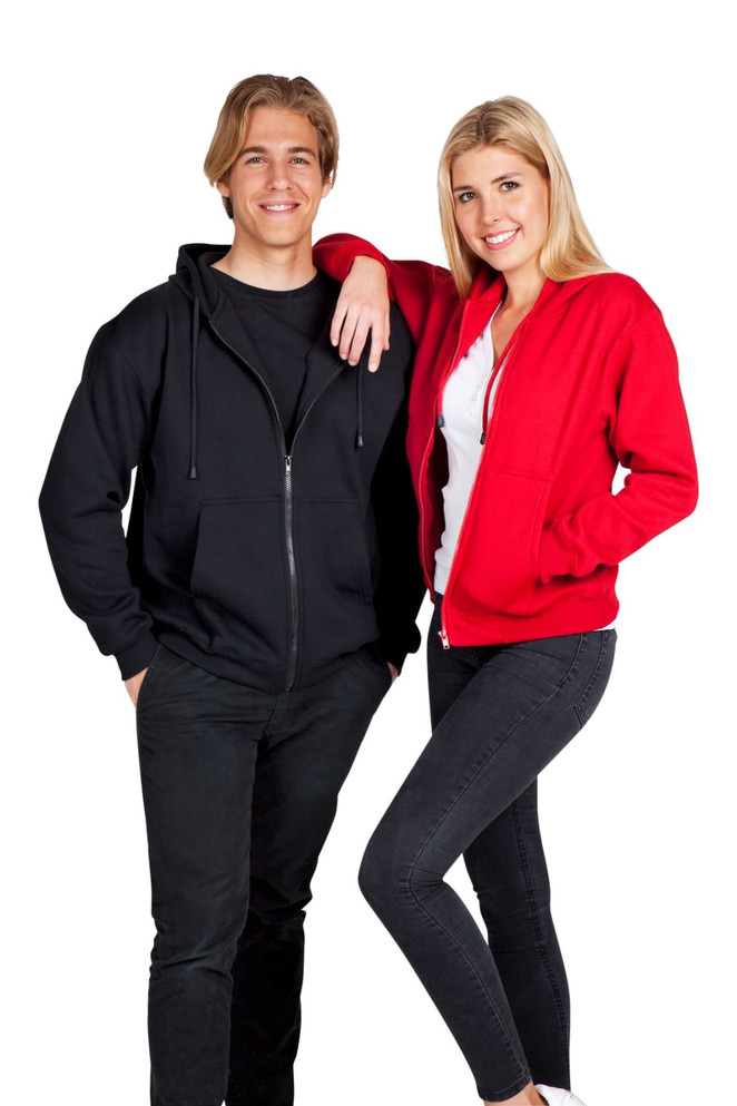 A black zipped hoodie worn by a male model and a red zipped hoodie worn by a female model, both with pockets.