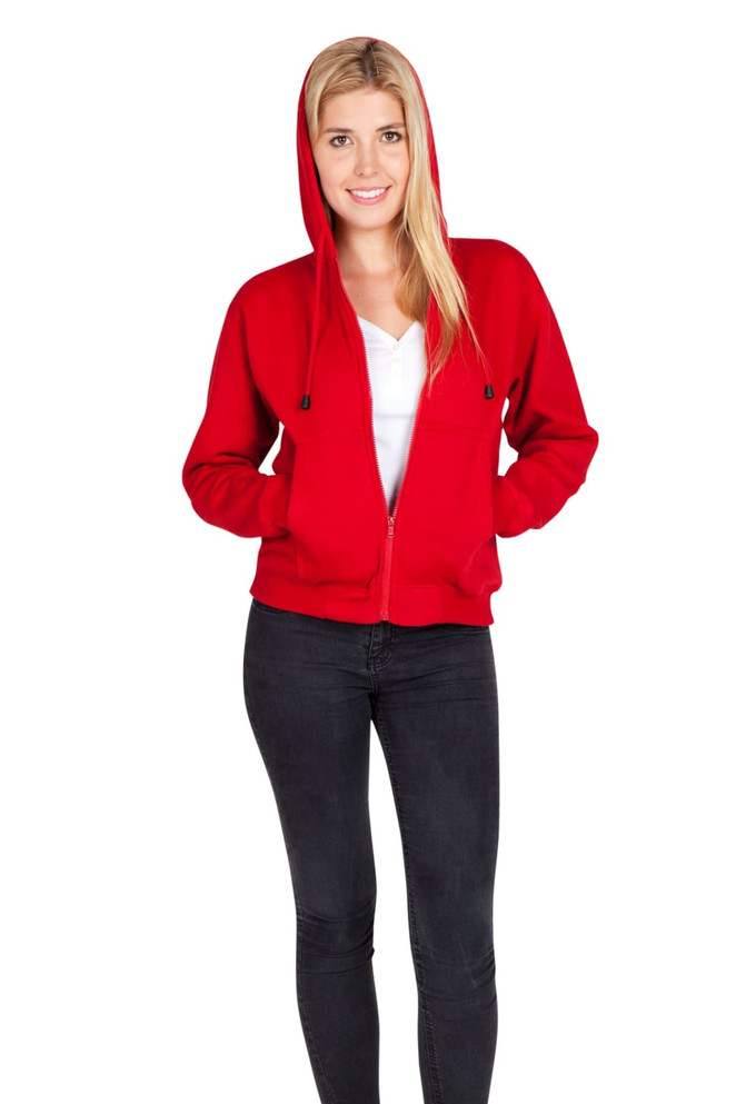 A red zipper hoodie with a pocket, featuring a drawstring hood, worn by a model.