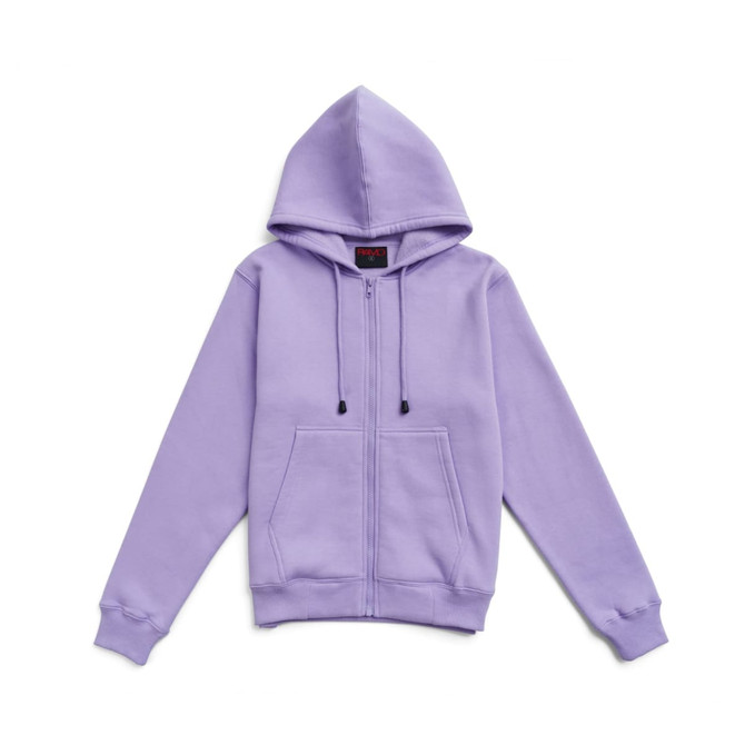 A purple zipper hoodie with a pocket and a drawstring hood, featuring a logo.