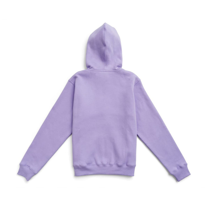 A lavender hoodie featuring a hood and long sleeves, with a pocket at the front. It has a logo on the garment.