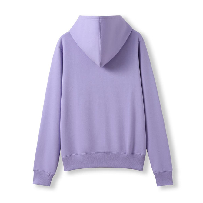 A lavender hoodie featuring a hood and long sleeves, with a pocket at the front. It has a logo on the garment.