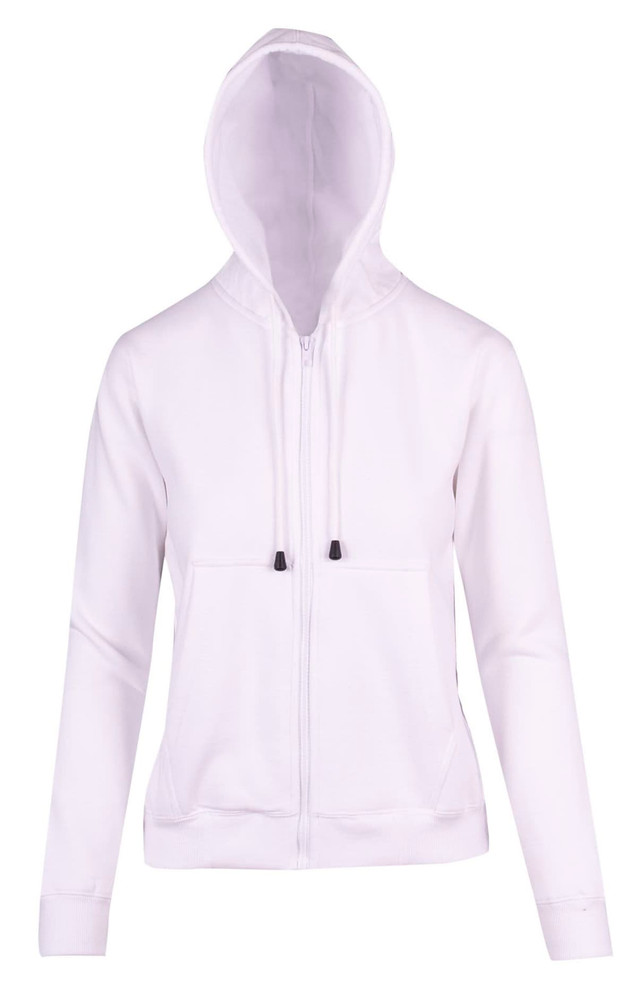 A white women's zip-up hoodie with a hood and front pockets, featuring a logo.