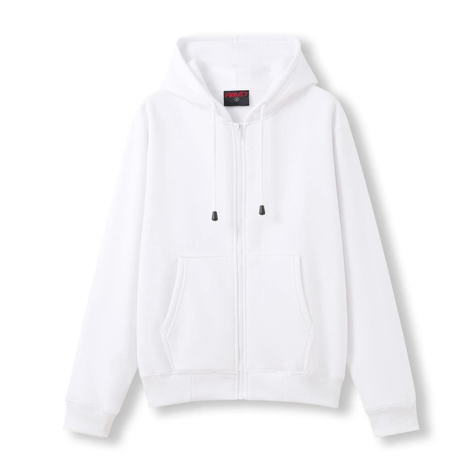 A white women's zip-up hoodie with a hood and front pockets, featuring a logo.