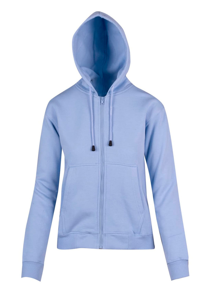 Light blue zipper hoodie featuring a pocket and drawstring hood. It has a simple, casual design and fitted cuffs.