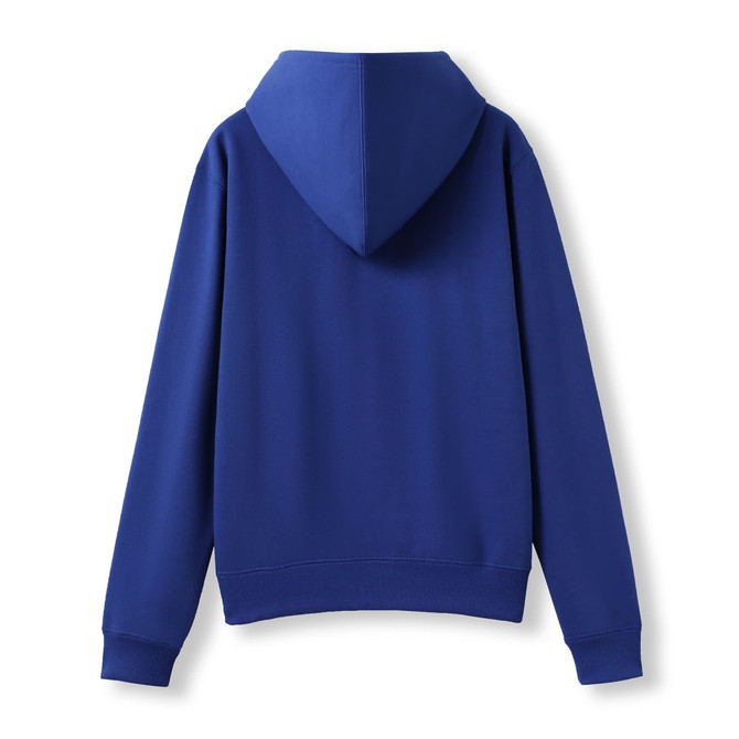 A blue women's juniors zipper hoodie with a pocket, featuring a hood and long sleeves.