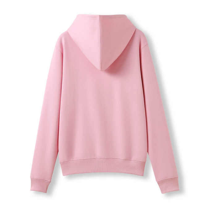 A pink women's/juniors hoodie featuring a hood and a back view. It has a pocket and includes a logo.