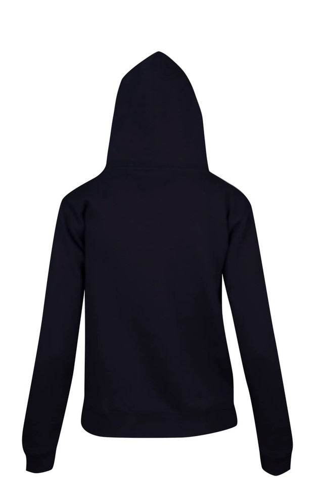A black women's juniors zipper hoodie with a pocket and a hood, viewed from the back.