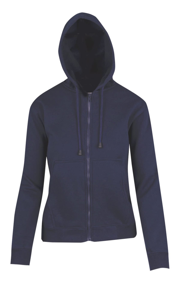 A navy women's junior zipper hoodie with a pocket and drawstrings on the hood, featuring a logo.