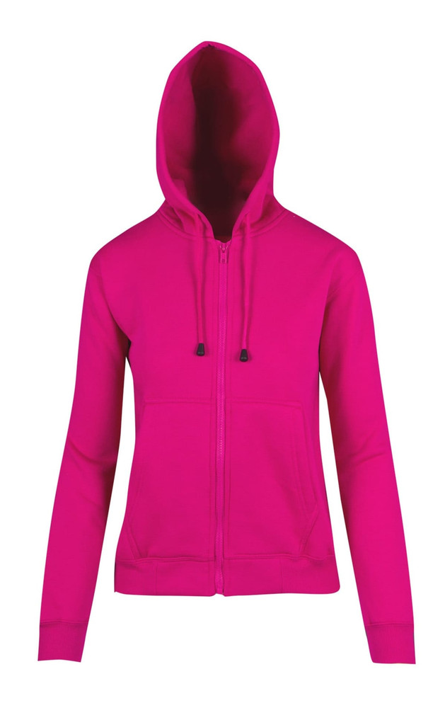 A bright pink women's zippered hoodie featuring a pocket. The hoodie has a hood and is made for juniors.