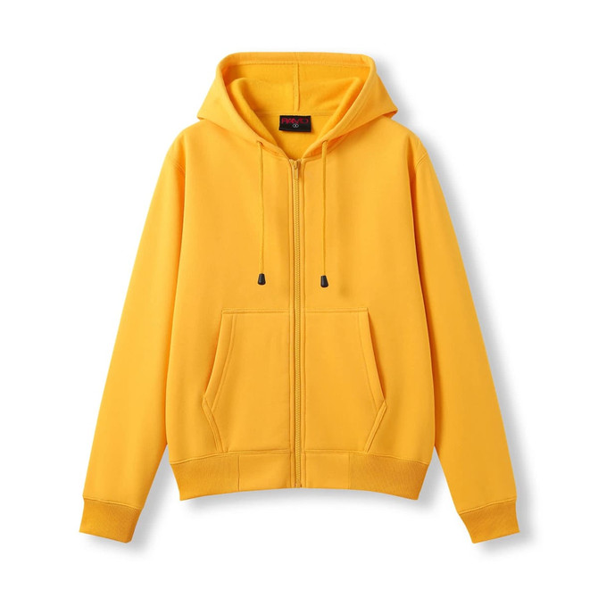 A yellow zippered hoodie with a pocket and a hood, featuring a drawstring.