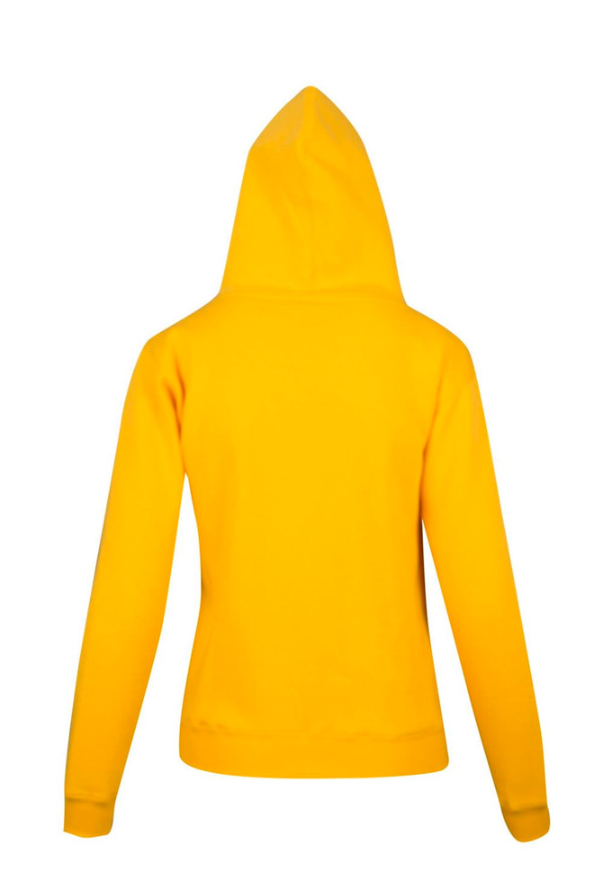 A yellow women's juniors zipper hoodie with a pocket, featuring a hood and a plain back design.