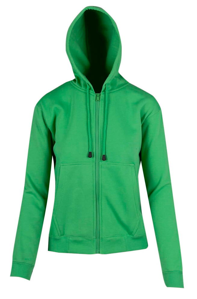 A green women's juniors zipper hoodie with a pocket and a hood. Features a logo on the front.