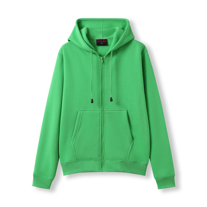 A green women's juniors zipper hoodie with a pocket and a hood. Features a logo on the front.