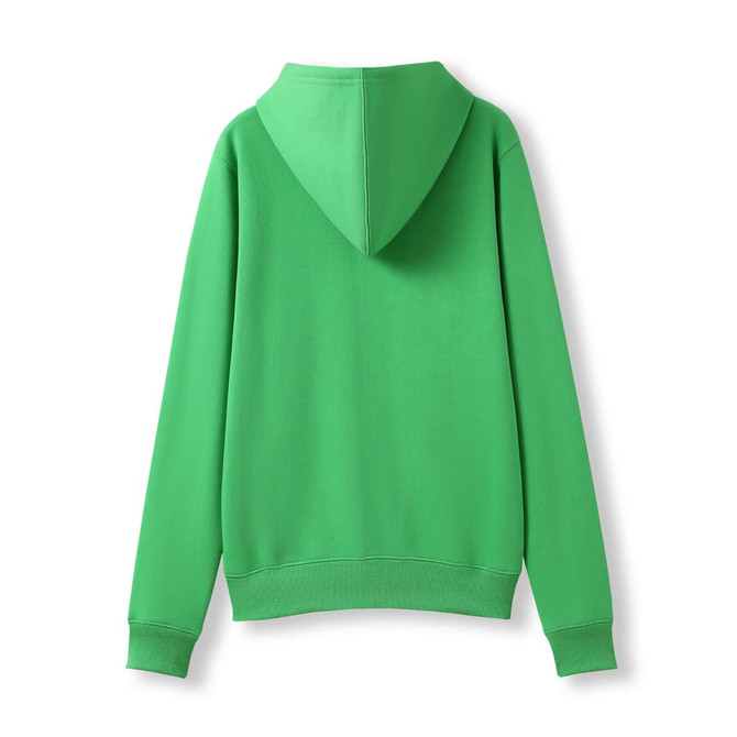 A green women's/juniors zippered hoodie with a hood and pockets, featuring a plain design.