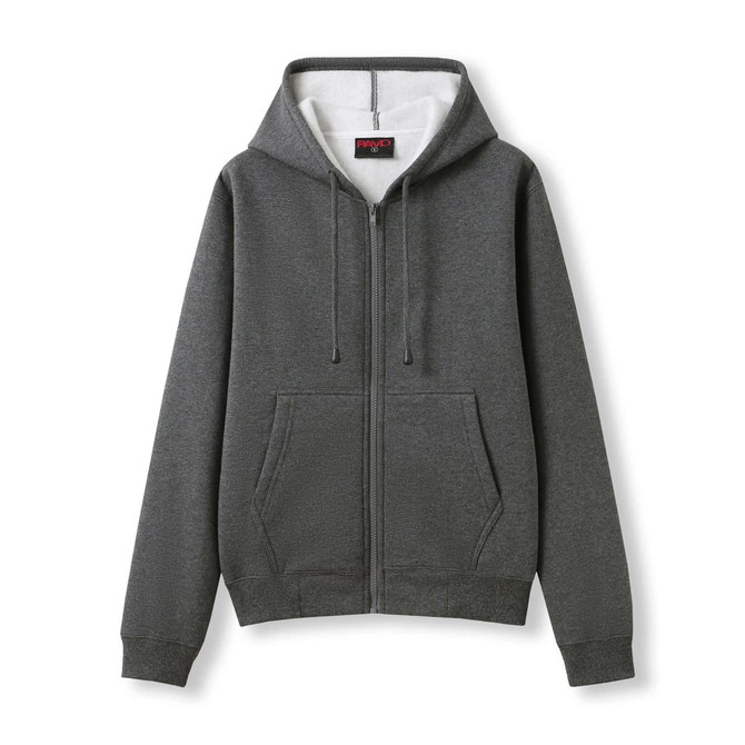A grey women's juniors zipper hoodie with a pocket and a hood, featuring a logo on the front.