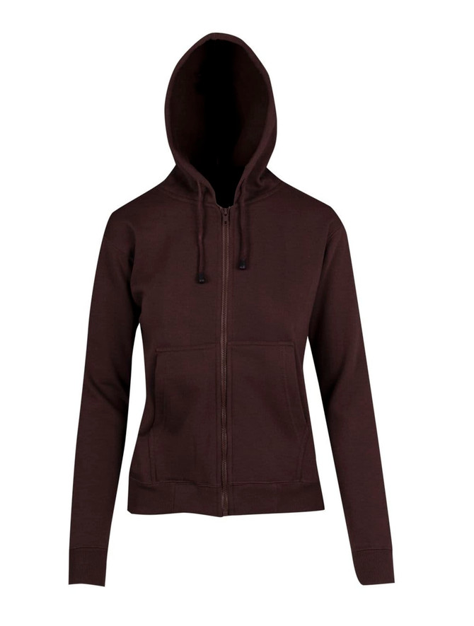 A dark brown women's zippered hoodie featuring a hood and front pocket, with a fitted design.