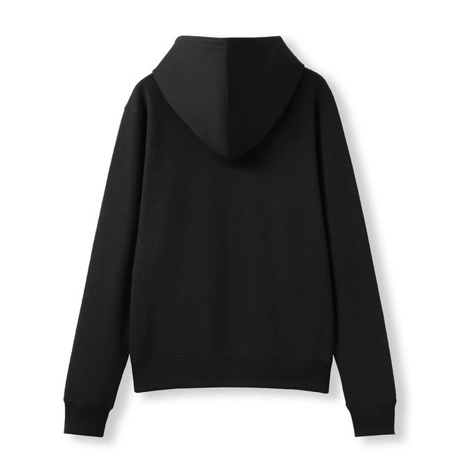 A black women's juniors zipper hoodie with a pocket, featured from the back view.