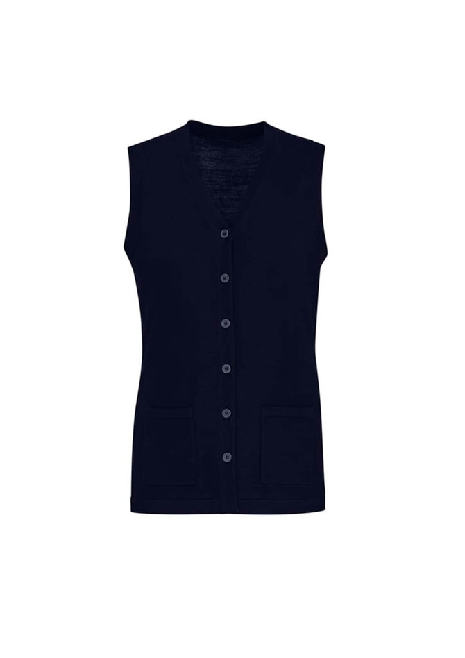 A women's navy button front knit vest with a v-neck and two front pockets. Features a logo on the fabric.