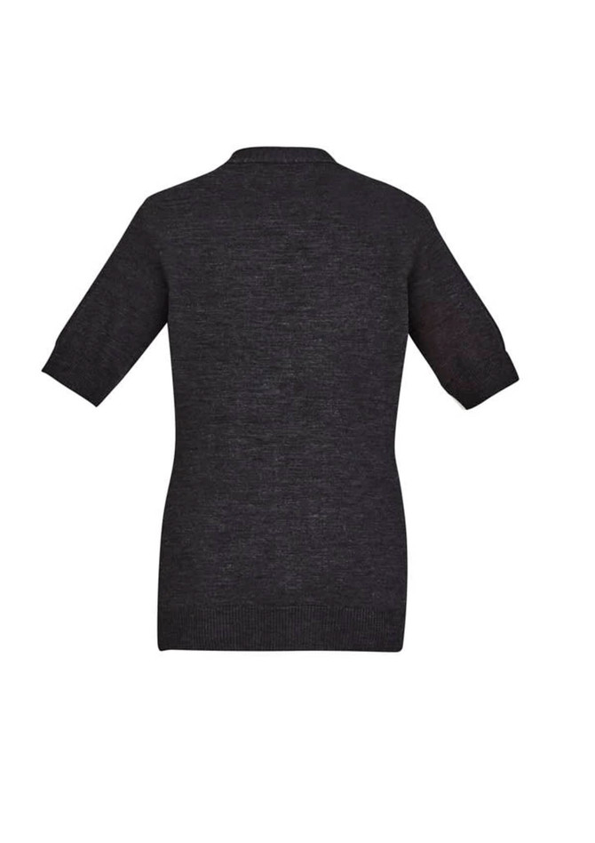 A dark grey women's zip front short sleeve knit cardigan with a relaxed fit and ribbed details.