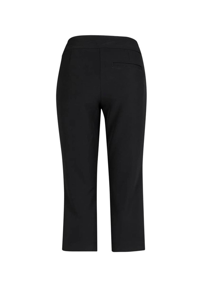 A pair of black 3/4 length stretch pants, featuring a simple design and a back pocket.