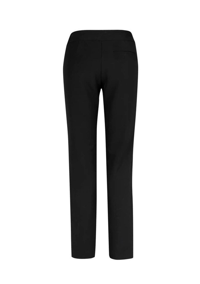 A pair of black stretch pants with a sleek design and rear pockets, featuring a logo on the waistband.