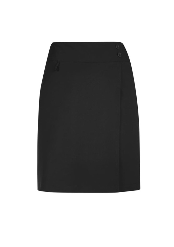 A black women's comfort waist skort featuring a wrap design and button details. It includes a logo.