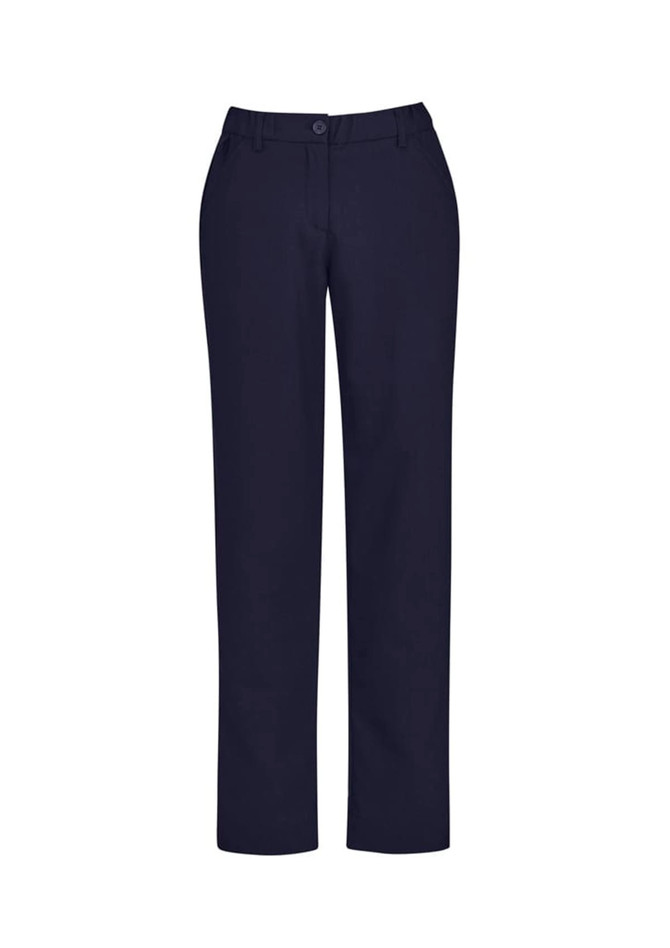 Navy women's straight leg pants with a comfort waist, featuring two front pockets and a button closure.