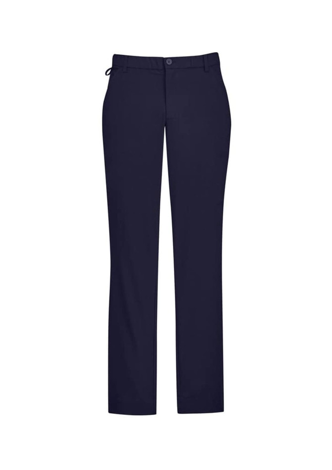 Men's comfort waist flat front pants in navy blue, featuring a classic design and a logo on the waistband.