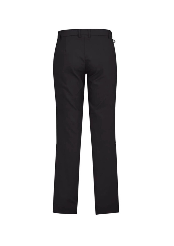 Black men's comfort waist flat front pants, featuring a classic design and a logo on the waistband.