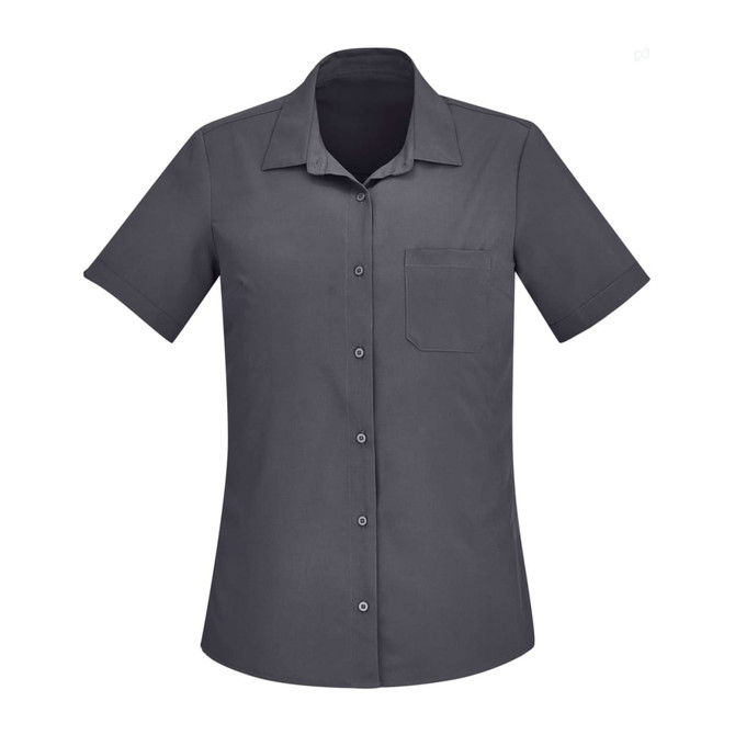 A grey short sleeve women's shirt with a collared neckline and a front pocket, featuring a logo.