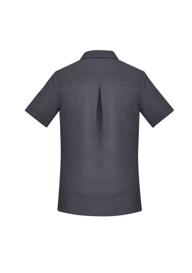 A plain short sleeve shirt in dark grey with a back pleat and collar, featuring a logo.