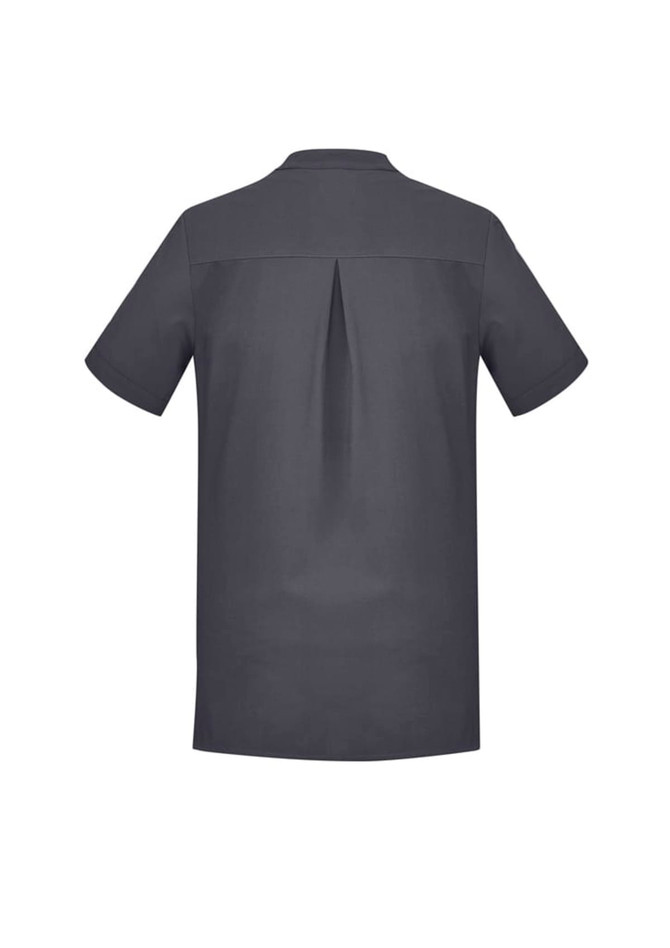 A plain grey women's tunic with short sleeves and a back pleat, featuring a branding logo.