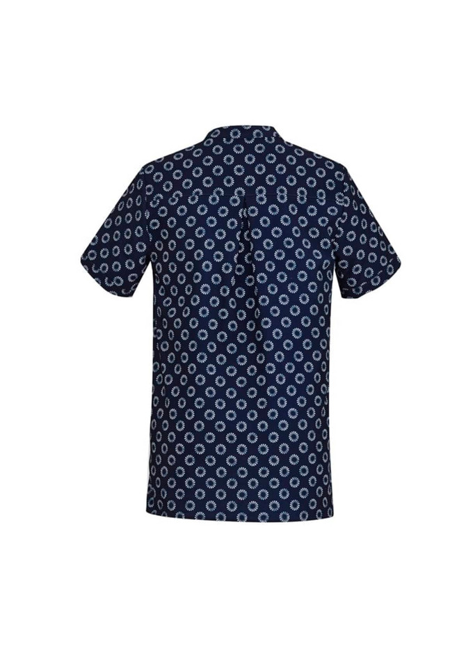 A navy tunic featuring a white daisy print pattern and a back button detail, with a logo on the label.