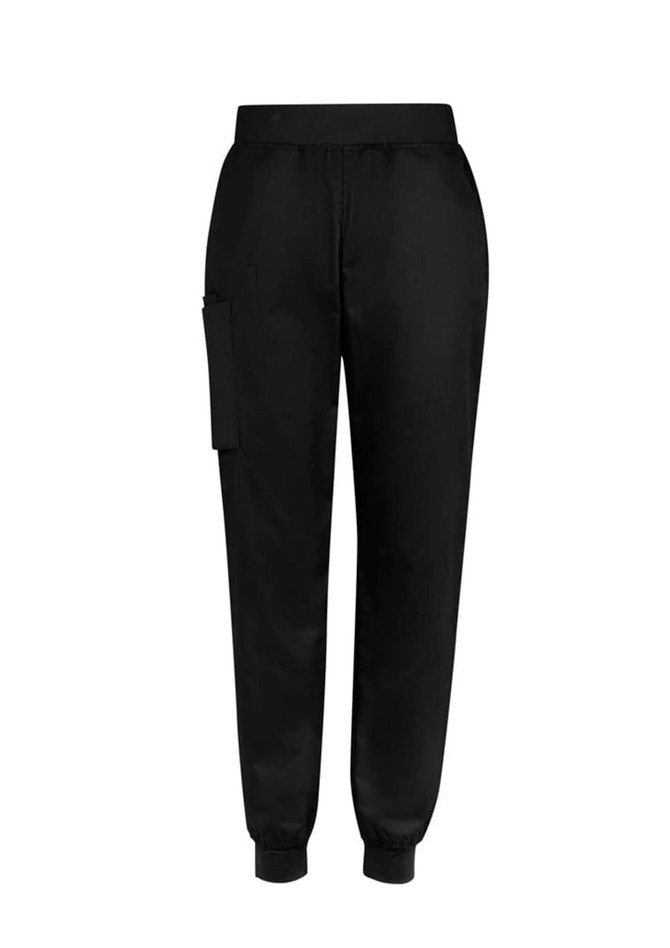 A pair of black slim leg jogger scrub pants featuring an elastic waistband and side cargo pocket.