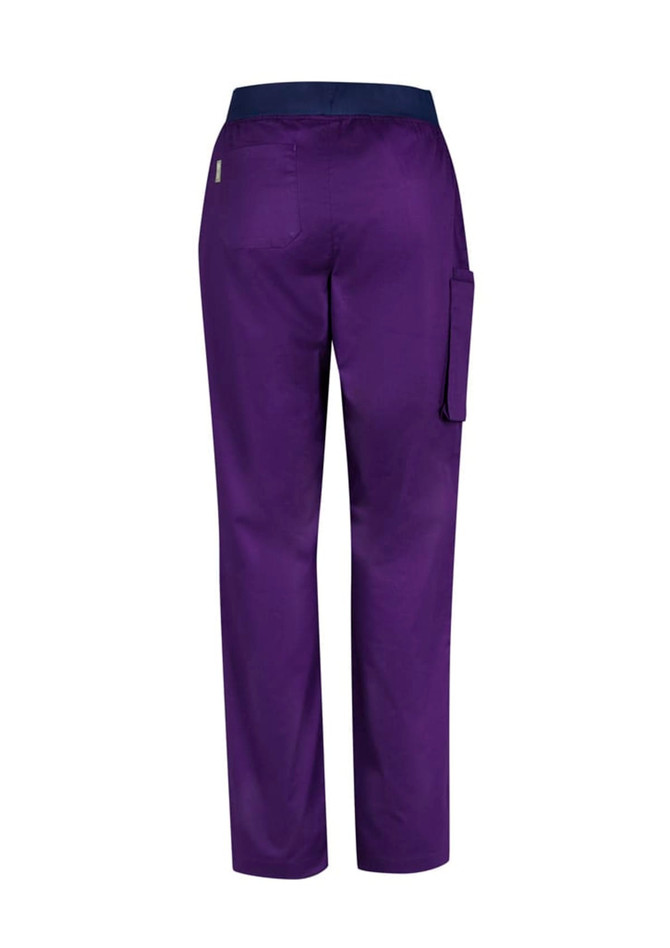 Purple women's straight leg scrub pants featuring a back pocket and a side cargo pocket. Includes a branded logo.