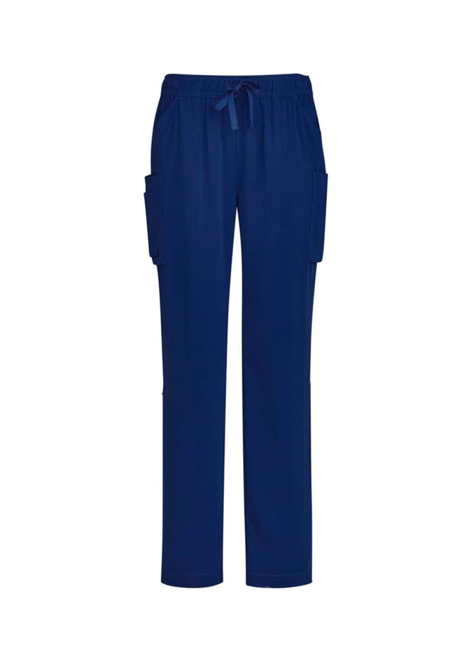 Navy straight leg scrub pants with a drawstring waist and side pockets. Features a logo on the fabric.