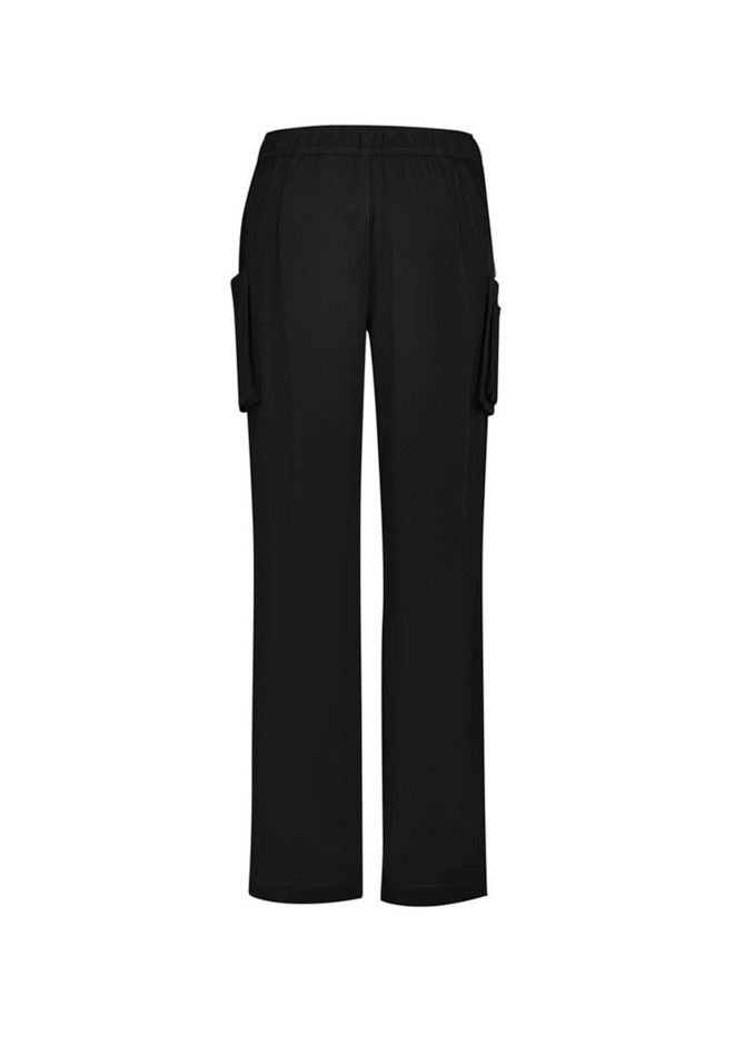 Women's straight leg scrub pants in black with elastic waistband and side cargo pockets.