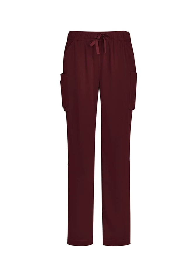 Burgundy straight leg scrub pants featuring side pockets and a drawstring waist. Includes a logo.