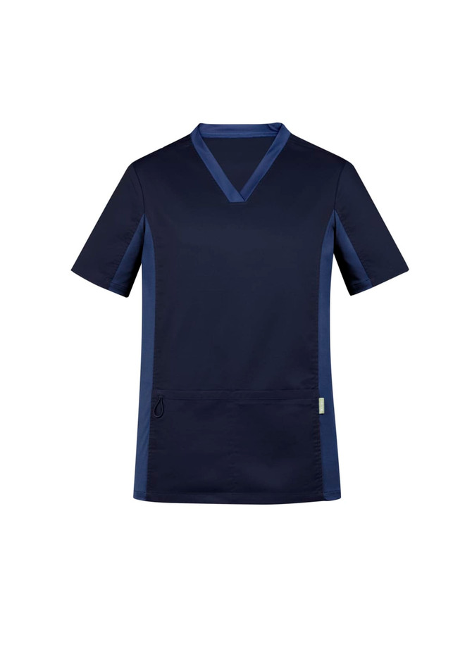 A navy blue men's scrub top with short sleeves and a v-neck design, featuring a pocket and detailing.